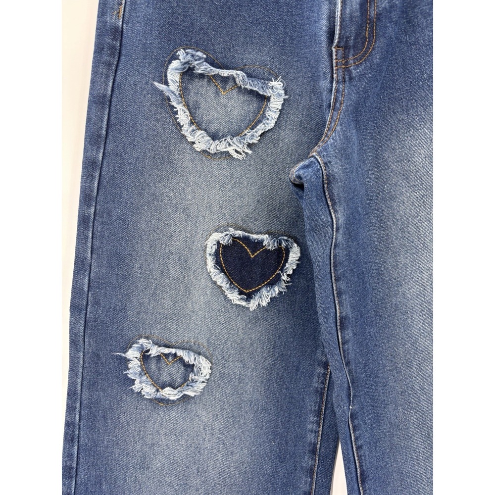 Womens Wide Leg Heart patchwork Denim Jeans Medium Wash Y2K Coquette Size Small - Picture 6 of 13